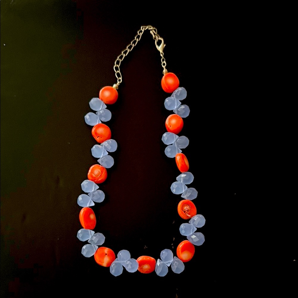 Elegant Orange and Blue Beaded Necklace - 16”